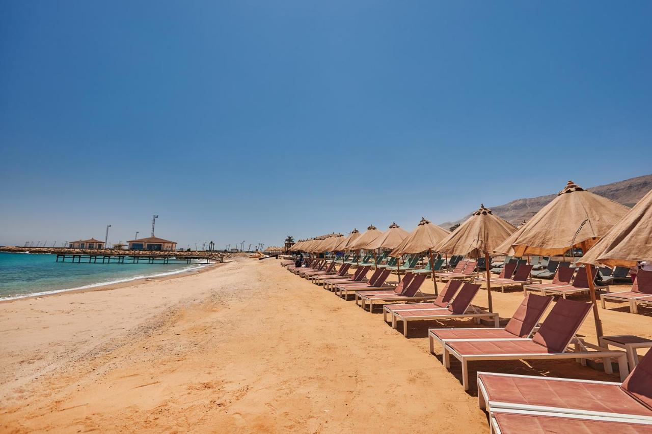 עיין סוחנה Tolip Resort El Galala Majestic מראה חיצוני תמונה The photo shows a scenic beach with a stretch of golden sand under a clear blue sky. There are several beach loungers arranged in rows, each accompanied by thatched umbrellas providing shade. In the background, there is a wooden pier extending into t